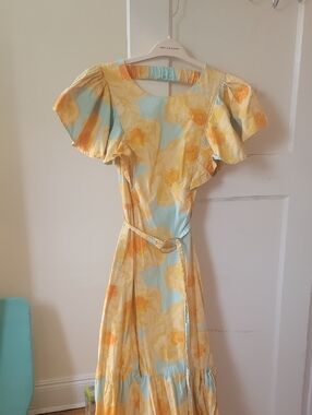 Yellow & Light Blue Floral Maxi Dress with Flutter Sleeves